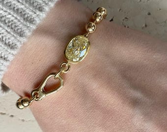 Yellow Cushion Diamond Bracelet Gold Ball Chain Bezel Charm Bracelet Chunky Bead Solitaire Chain Modern Bridal Statement  Fine Jewelry Gift