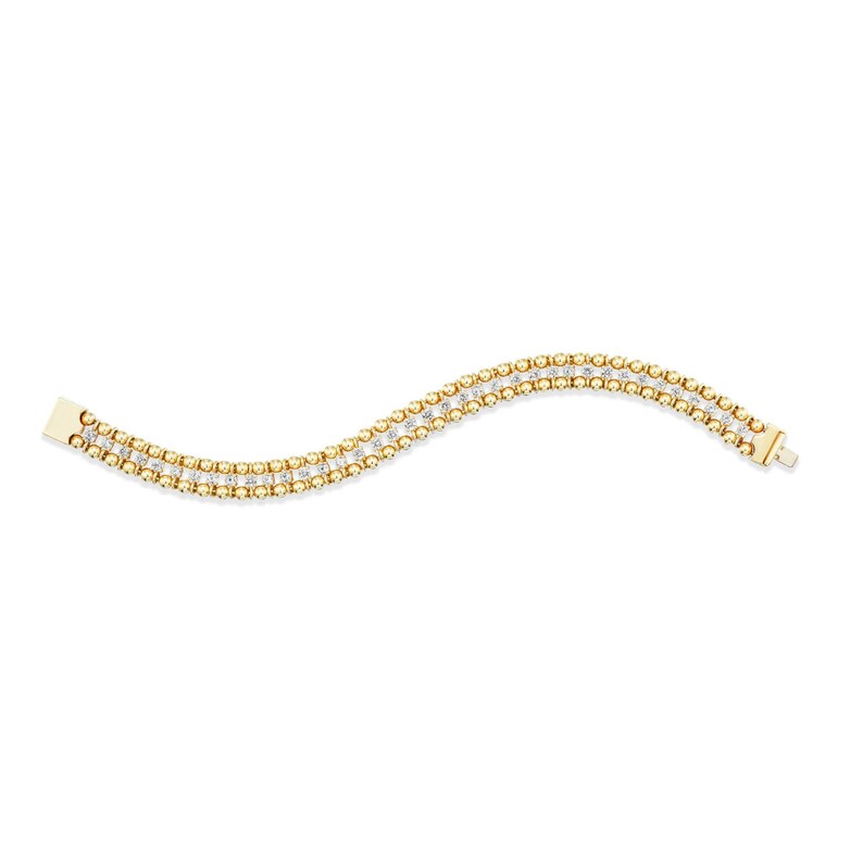 18k gold diamond ball chain bracelet with lab grown diamonds, unique dual chain stacking bracelet