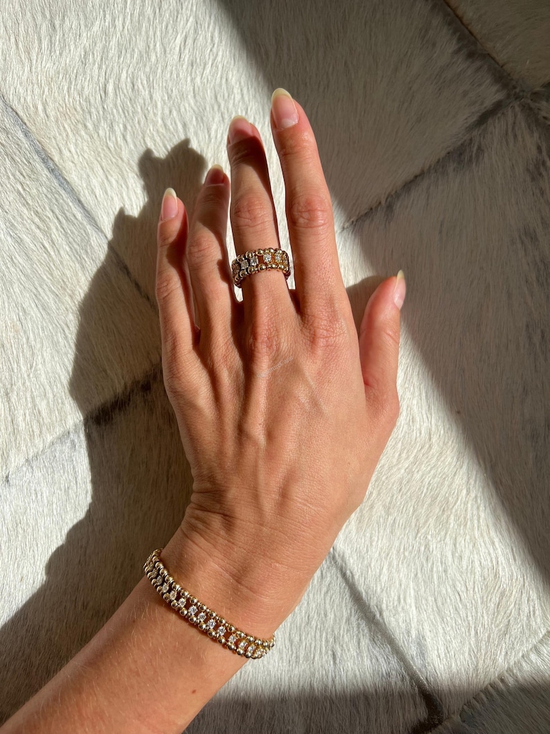 Minimalist diamond ball bracelet in 14k gold, dual chain bead design for everyday layering style