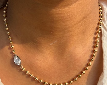 Bezel Set Beaded Ball Chain Necklace Unique Oval Cut Lab Grown Diamond 14k Yellow White Rose Gold Pendant Daily Wear 18k Statement Necklace