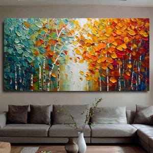 Vibrant Autumn Forest Oil Painting Birch Tree Canvas Texture Wall Art 3D Leaf Artwork Original Living Room Decor Painting Housewarming Gift
