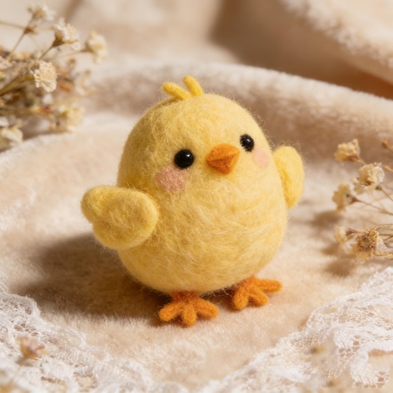 Needle-felted wool figurines are painstakingly hand-sculpted fiber art — this kawaii Easter chick is the kind of tiny handmade object that makes people gasp.