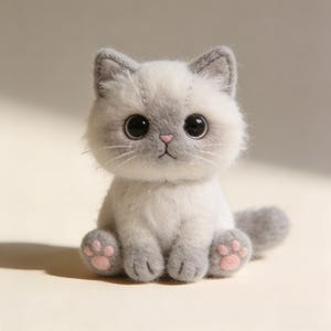 May include: A handcrafted cat plush toy in shades of light grey and white. The cat features large, black eyes, a pink nose, and pink paw pads. It is depicted in a seated position, with its paws neatly arranged.