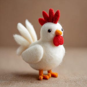 Puede incluir: Una figura de gallina artesanal de fieltro blanco con cresta y barbilla rojas, y patas naranjas. El ave tiene ojos negros y un pico naranja. La gallina es un objeto decorativo encantador, perfecto para una decoración de granja o campestre.