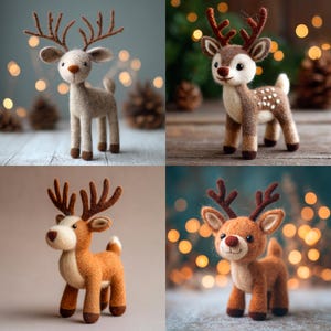 May include: Four felt reindeer figurines in shades of brown and tan. Each has detailed antlers, a small tail, and a friendly expression. The background includes blurred lights and pinecones, suggesting a festive holiday theme.