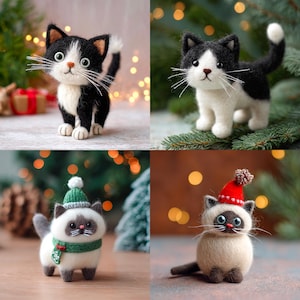 May include: Four felted cat figurines. Two are black and white, one with a green hat and scarf, and one with a red hat. The cats have detailed features, including whiskers and expressive eyes. The background includes Christmas decorations.