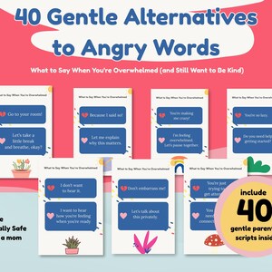 40 sanfte Sätze für Eltern, um ärgerliche Worte zu ersetzen – druckbare Beruhigungskarten für Mütter – positive PDF mit englischsprachigen Anleitungen für Eltern