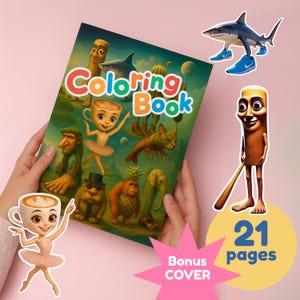 Peut inclure: Un livre de coloriage intitulé "Coloring Book" avec une couverture colorée. La couverture présente des personnages de dessins animés, dont un requin portant des baskets, une ballerine tasse à café et d'autres créatures fantaisistes. L'image comprend également des autocollants et le texte "Bonus COVER" et "21 pages".