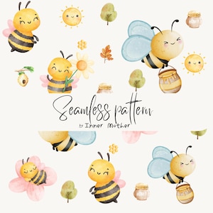 Watercolor Bee Seamless Pattern: Nursery Decor, Scrapbook Paper (JPG, PNG Digital Download