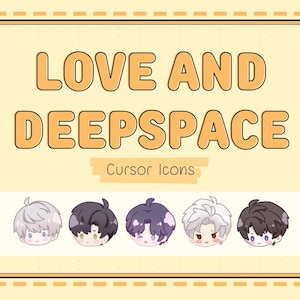 Op de afbeelding: Een lichtgele afbeelding met de woorden "LOVE AND DEEPSPACE" in oranje letters. Daaronder staan vijf cartoon-cursorpictogrammen met verschillende haarkleuren. De tekst "Cursor Icons" staat onder de hoofdtekst.