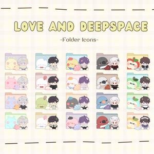 Può includere: Una collezione di icone di cartelle con personaggi e oggetti di "Love and Deepspace". Ogni icona ha un design unico, con personaggi abbinati a vari elementi come animali, frutta e gemme. Il testo "LOVE AND DEEPSPACE" e "-Folder Icons-" è visibile in alto.