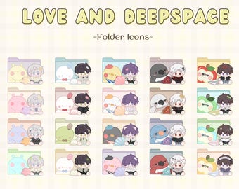 May include: A collection of folder icons featuring characters and objects from "Love and Deepspace." Each icon has a unique design, with characters paired with various items like animals, fruits, and gems. The text "LOVE AND DEEPSPACE" and "-Folder Icons-" are at the top.