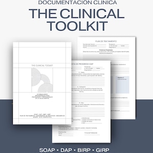 Puede incluir: Un conjunto de plantillas de documentación clínica titulado The Clinical Toolkit, que incluye formularios para planes de tratamiento, notas de progreso y resúmenes de sesión. Las páginas blancas contienen texto negro y líneas de datos.
