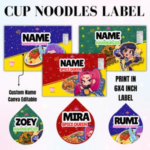KPop Cup Noodle Labels Printable, Custom Name Noodles, Rumi Mira Zoey Anime Ramyeon Wraps, Ramen Party Decor, Kawaii Cosplay Favor