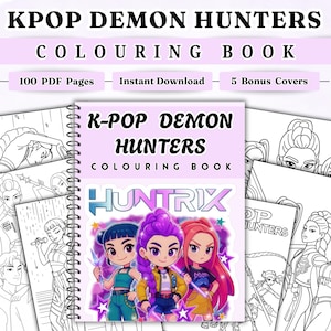 以下が含まれることがあります： 「KPOP DEMON HUNTERS COLOURING BOOK」というタイトルのスパイラル綴じの塗り絵。表紙には「HUNTRIX」の文字があり、カラフルな髪の毛の3人の漫画のキャラクターが描かれています。この本には、100 PDFページ、インスタントダウンロード、5つのボーナス表紙が含まれています。