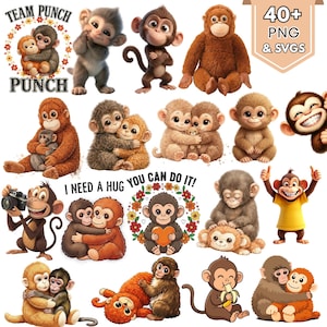 May include: A selection of cartoon monkey illustrations in different poses, such as hugging, holding a camera, and eating a banana. Some images include text that says "TEAM PUNCH", "PUNCH", "I NEED A HUG YOU CAN DO IT!", and "40+ PNG & SVGS".