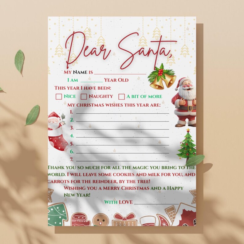 Letter to Santa Printable | Kids Christmas Wish List (PDF) - Etsy