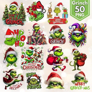 Peut inclure: Une collection de 12 images PNG colorées mettant en scène le Grinch dans diverses poses sur le thème de Noël. Les images incluent le Grinch portant un chapeau de Père Noël, tenant des cadeaux et avec du texte comme "Merry Christmas".