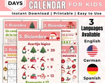以下が含まれることがあります： 「25 Days」と「Christmas Advent Calendar for Kids」の文字が入った、ピンク色の子供向けクリスマスアドベントカレンダー。英語、ドイツ語、スペイン語のパズルやゲームが含まれています。インスタントダウンロード、印刷可能、使いやすいです。
