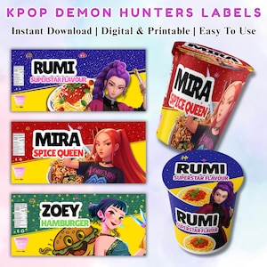 May include: A selection of KPOP Demon Hunters labels with anime-style character illustrations. The labels display text including "RUMI SUPERSTAR FLAVOUR", "MIRA SPICE QUEEN", and "ZOEY HAMBURGER". These labels are available for instant download and printing.
