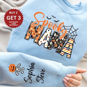 Custom Halloween Spooky Mama Sweatshirt with Kids Name on Sleeve Sweatshirt, Cool Mama Halloween Sweatshirt, Mama Halloween Gift,Custom Mama