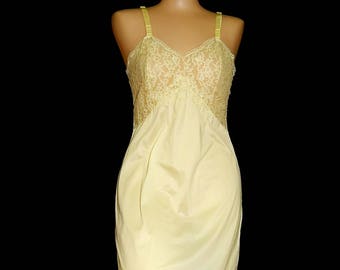 Beautiful vintage 50's 60's pale yellow floral lace negligee slip sheer see through nylon pin up atomic bombshell Sears - 34 / 36 size S / M