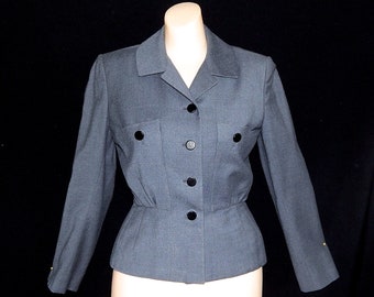 Elegant vintage 40's 50's dark blue grey fitted uniform wool blazer jacket army suit bombshell pin up new look Brucewood Briarbrook - S