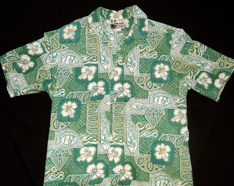 Tropical vintage 80's 90's green white geometric flowers hibiscus fishes Hawaiian men shirt Tiki rockabilly Kona Coast Hawaii - M / L