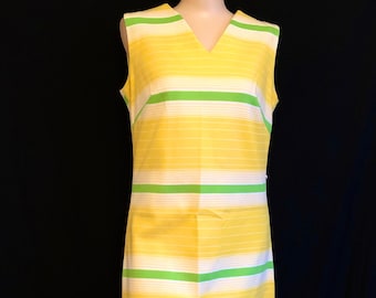 Mod vintage 60's 70's yellow green white striped sleeveless knit dress Graff go go girl op art - M / L