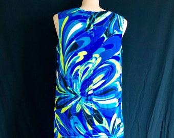 Vintage 60's 70's Tiki Hawaiian floral maxi dress barkcloth turquoise blue black lime sleeveless flower power psyche - M