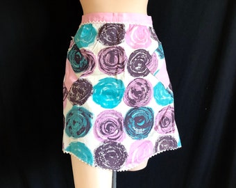 Vintage 50's pink turquoise blue white roses apron bombshell housewife MCM abstract circles - S to XXL