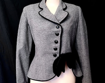 Vintage 40's 50's anthracite dark grey asymmetric fitted jacket blazer Selman's black velvet bow elegant bombshell cocktail party hourglass