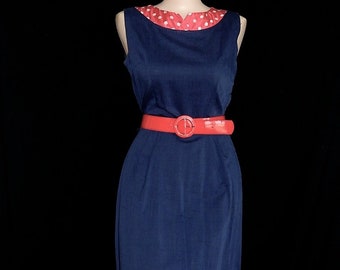 Stunning vintage 50's 60's navy blue red white polka dots hourglass dress sleeveless sex bomb bombshell pin up cocktail party - S