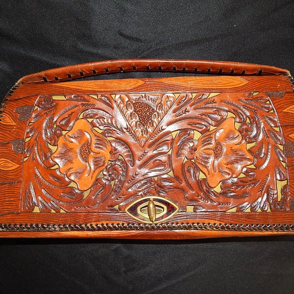 Large vintage 40's art deco cut out brown floral carved tooled leather wood look green bombshell rectangle multi pockets purse handbag