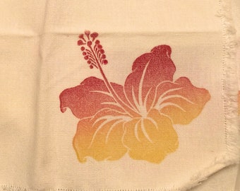 4 Adorable vintage 40's 50's yellow red hibiscus white napkins exotic Tiki tropical Hawaiian dining table hanky MCM