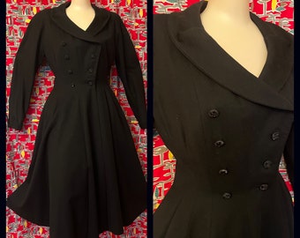 Amazing vintage 40's 50's black wool double breasted princess coat haute couture new look bombshell pin up jacket light weight hourglass M