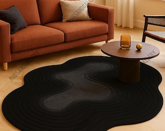 Irregular Shape Black Abstract Hand Tufted Wool Rug, Geometric Contemporary Design Carpet for Living Room Bedroom Decor, Custom Size 8x10
