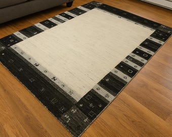 Handloom Black & Ivory Gabbeh Wool Rug | Modern Lori Style Tribal Border Carpet | Neutral Wool Area Rug | Minimalist Boho Living Room 8x10