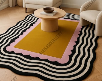 Wavy Edge Abstract Rug Modern Colorful Hand Tufted Area Rug in Funky Scallop Border Rug for Living Room Bedroom Custom Size Rug 8x10 9x12