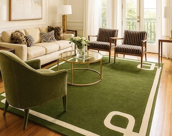 Olive Green Scandi Style Geometric Border Rug | Modern Hand Tufted Wool Carpet | Luxury Living Room Area Rug 5x8 8x10 9x12 10x14 Custom Rug