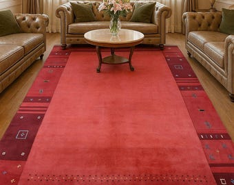 Red Gabbeh Wool Rug | Handmade Loribaft Tribal Carpet | Deep Red & Maroon Boho Area Rug | Handwoven Nomadic Wool Floor Decor Living Room Rug