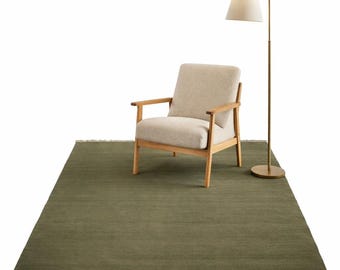 Olive Green Wool Flatweave Dhurrie Rug | Handmade Bohemian Minimalist Solid Color Durry | Scandinavian Modern Area Carpet 8x10 Custom Size