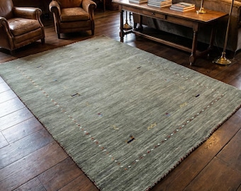 Alfombra de lana Gabbeh anudada a mano, color verde salvia, estilo tribal minimalista, persa, estilo nómada bohemio, para sala de estar y dormitorio, tamaño personalizado: 8 x 10 y 9 x 12