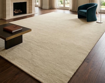 Handwoven Ivory Wool Rug | Solid Cream Beige Low Shed Modern Minimalist Handloom Area Rug | Plush Natural Wool Rug Custom Size 8x10 9x12 Rug