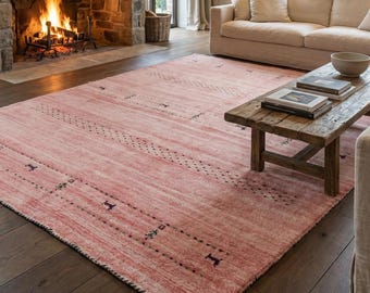 Alfombra Gabbeh de lana rosa tejida a mano / Alfombra tribal estilo Lori hecha a mano / Alfombra de lana nómada suave color rubor / Tamaño personalizado 8x10 para sala de estar y dormitorio