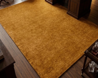 Handvävd senapsgul ullmatta | Enfärgad gyllene ockra, låg, modern minimalistisk handvävd matta | Plyschig naturlig ullmatta, anpassad storlek 8x10