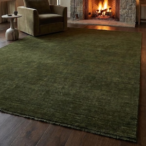 Olive Green Solid Wool Handloom Rug Modern Minimalist Area Rug Custom Size Low Shed Carpet for Living Room Organic Cozy Home Decor 8x10 9x12 image 1
