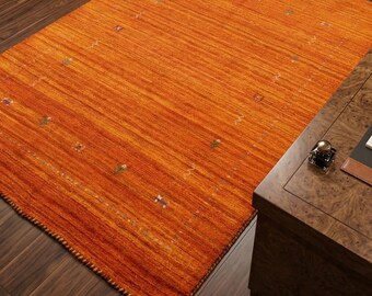 Orange Gabbeh Wool Rug | Handmade Loribaft Tribal Carpet | Natural Wool Nomadic Gabbeh | Warm Orange Area Rug | Handwoven Boho Wool Rug 8x10