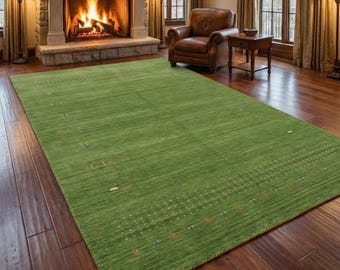 Groen gabbeh-wollen vloerkleed | Handgemaakt Loribaft-stamtapijt | Natuurlijk handgeweven wollen vloerkleed | Minimalistisch boho woonkamer op maat gemaakt vloerkleed 8 x 10 9 x 12