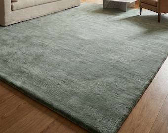 Faded Teal Handloom Wool Rug Modern Solid Minimalist Area Rug for Living Room Bedroom Scandinavian Neutral Carpet Custom Size 8x10 9x12 Rug